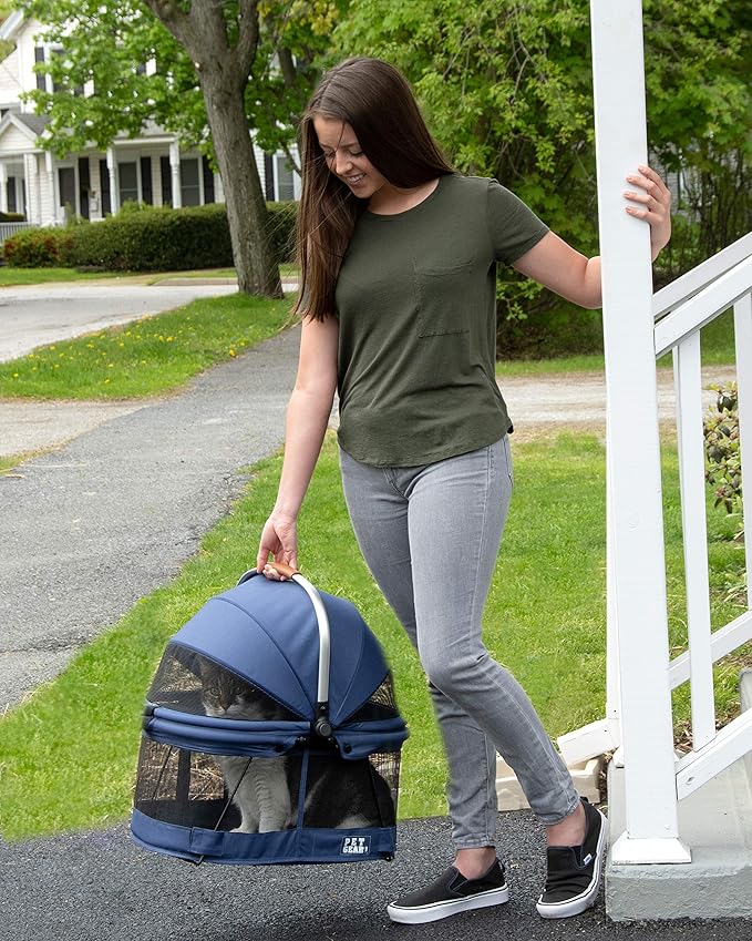 Pet Gear No-Zip View 360 Pet Safety Carrier &amp; Car Seat for Small Dogs &amp; Cats Push Button Entry, View 360 20-inch, Navy