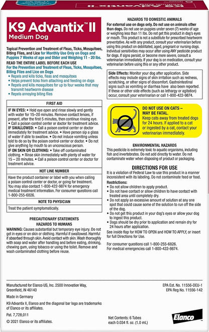 K9 Advantix II Medium Dog Vet-Recommended Flea, Tick &amp; Mosquito Treatment &amp; Prevention | Dogs 11-20 lbs. | 6-Mo Supply (Pack of 2)