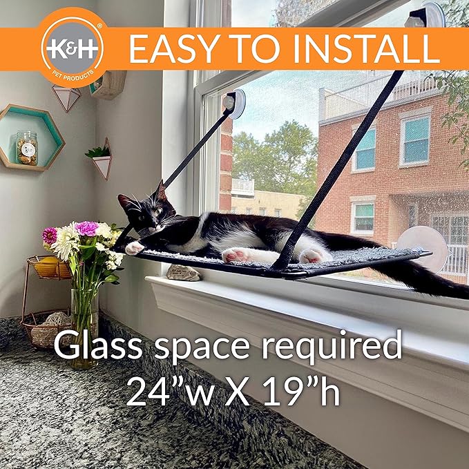 K&amp;H Pet Products EZ Mount Cat Window Perch for Large Cats, Sturdy Kitty Sill Window Hammock Bed, Steel Frame, Sturdy Suction Cups, Washable Shelf Cover, Foldable - Fits 27"W X 23"H Glass Spaces