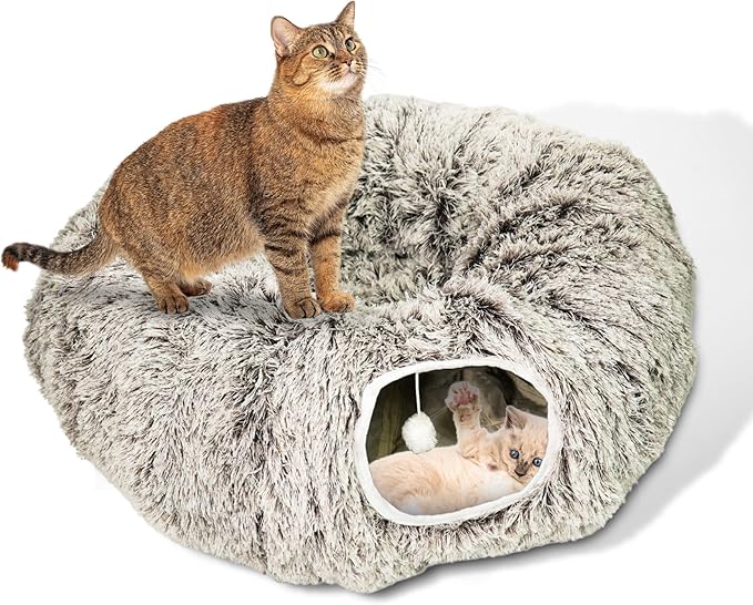 Cat Donut Bed with Washable Cushion – Cat Caves for Indoor Cats – Collapsible Donut Bed with Peekaboo Pet Tunnel Toy – Cozy Hideout for Kittens, Ferrets, Rabbits &amp; Dogs - Brown