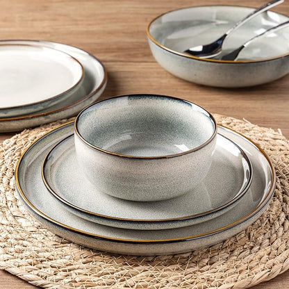 GBHOME Ceramic Dinnerware Sets for 6, 18 Pieces Stoneware Plates and Bowls Sets, Reactive Glaze Dishes -Scratch Resistant, Dishwasher&amp;Microwave Safe, Green Wheat