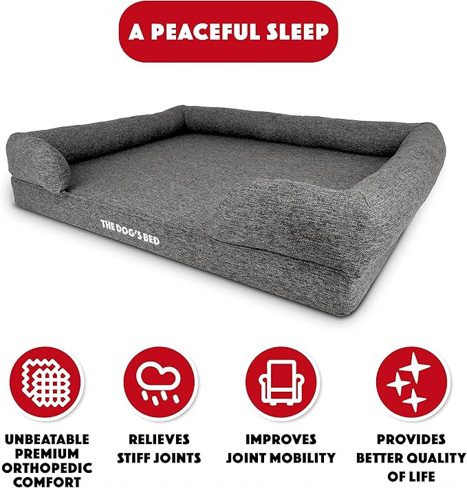 The Dog’s Bed, XL Grey Poly-Linen 43.5x34, Memory Foam, Pain Relief: Arthritis, Hip &amp; Elbow Dysplasia, Post Surgery, Lameness, Supportive, Calming, Waterproof Washable Cover, Veterinary Approved