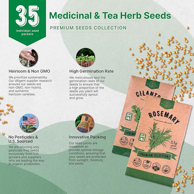 35 Medicinal &amp; Tea Herb Seeds Variety Pack for Indoor &amp; Outdoors. 16,335+ Non-GMO Heirloom Garden Seeds: Anise, Bergamot, Borage, Cilantro, Chamomile, Dandelion, Rosemary Seeds &amp; More
