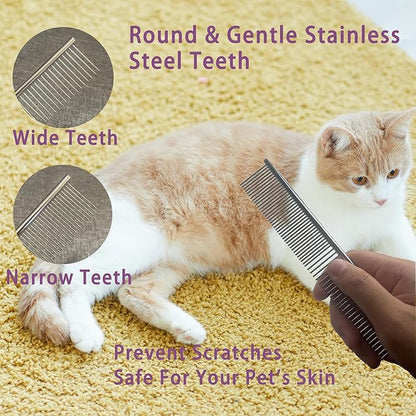 Cat Grooming Brush Kit 6 Tools - Deshedding &amp; Dematting for Long/Short Hair, Self-Cleaning Slicker Brush with 6-in-1 Flea Comb for Cats &amp; Kittens (Blue)