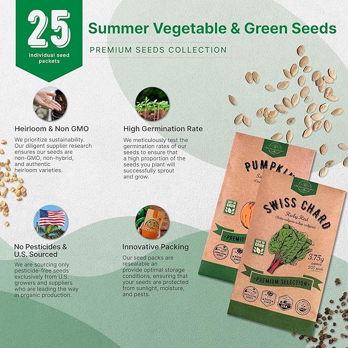 Organo Republic 25 Summer Vegetable Garden Seed Variety Pack - 6,510+ Non-GMO Heirloom Veggie &amp; Greens Seeds for Outdoors &amp; Indoor Home Garden, Including Collards, Pepper, Okra, Onion, Bean, Cucumber