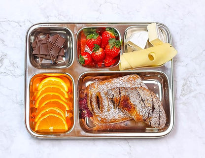 Extra Large Premium Stainless Steel Dinner Plates, 5 Compartments, Set of 2 | Eco Friendly Dinnerwear for Camping, Portion Control, Meal Prep, Lunch, and Party