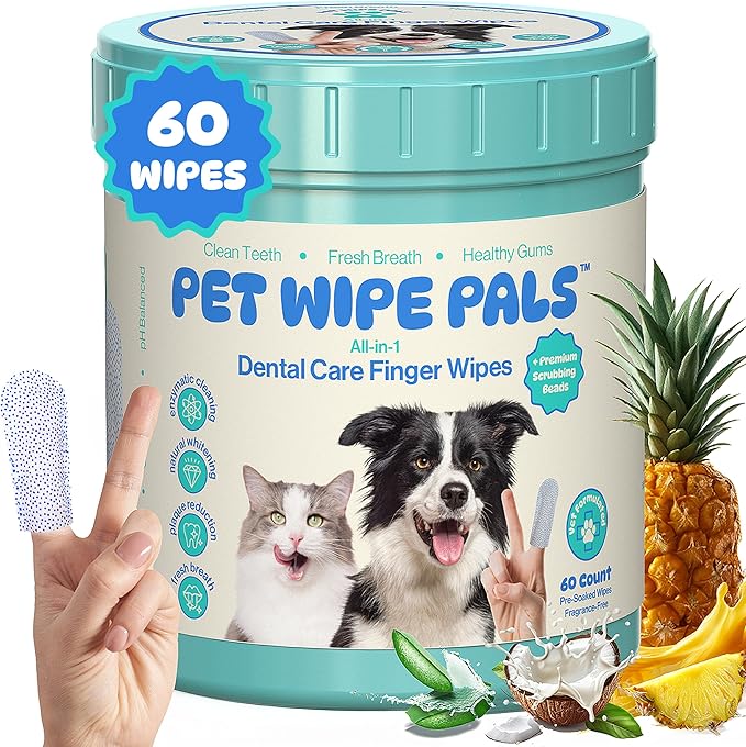 All-in-1 Dog Teeth Cleaning Wipes | Enzymatic Whitening + Premium Scrubbing Beads | No Mess, Pet Dental Wipes &amp; Finger Tooth Brushing Kit | Plant-Based Dental Care for Cats &amp; Dogs (60 Count)