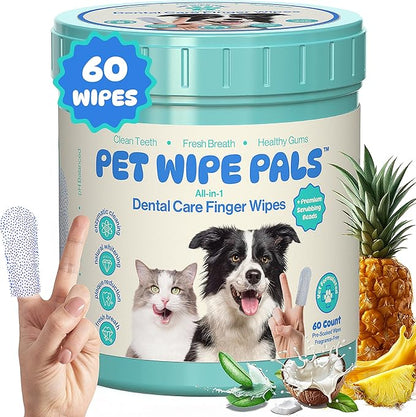 All-in-1 Dog Teeth Cleaning Wipes | Enzymatic Whitening + Premium Scrubbing Beads | No Mess, Pet Dental Wipes &amp; Finger Tooth Brushing Kit | Plant-Based Dental Care for Cats &amp; Dogs (60 Count)