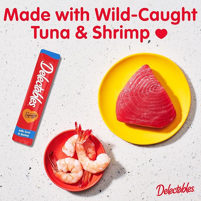 Delectables Squeeze Up Creamy Squeezable Puree, Lickable Wet Cat Treats, Grain Free, No Added Fillers, No By-Products, No Added Preservatives, 0.5 Ounces Tuna &amp; Shrimp, 32 Tubes Total