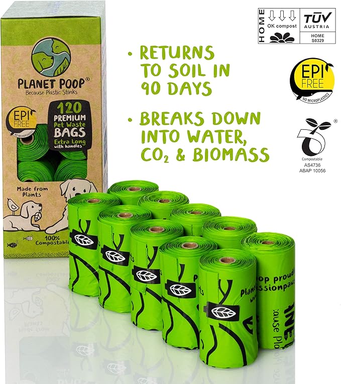 PLANET POOP Home Compostable Dog Poop Bags Extra-long with Handles 120 Un-Scented Pet Waste Bags Plastic Free, Thick Leakproof Plant-Based Doggy Bag, Cats &amp; Dogs Pet Supplies