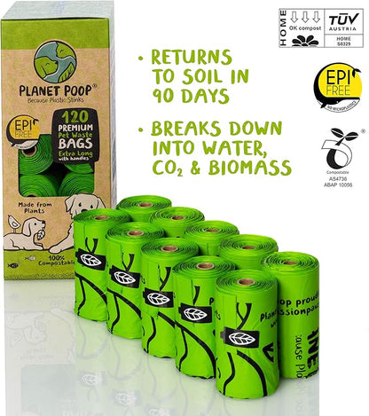 PLANET POOP Home Compostable Dog Poop Bags Extra-long with Handles 120 Un-Scented Pet Waste Bags Plastic Free, Thick Leakproof Plant-Based Doggy Bag, Cats &amp; Dogs Pet Supplies
