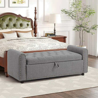 Ottoman with Storage, Tufted Storage Bench for Bedroom, 48" Fabrics End of Bed Bench, Upholstered Entryway Shoe Benches with Rolled Arm &amp; Inner Zipper, Window Ottomans Chest with Rivets, Drak Grey