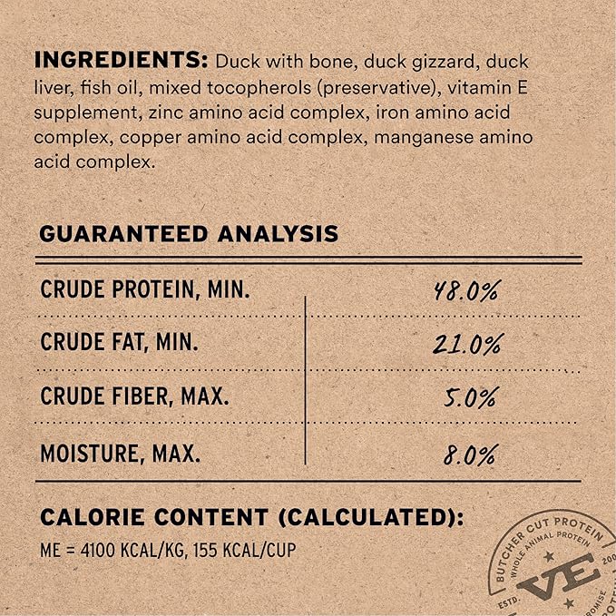 Vital Essentials Freeze-Dried Raw Duck Meal or Mixer Cat Food Soft Nibs | 99% Duck, Organs &amp; Bone | 12 oz
