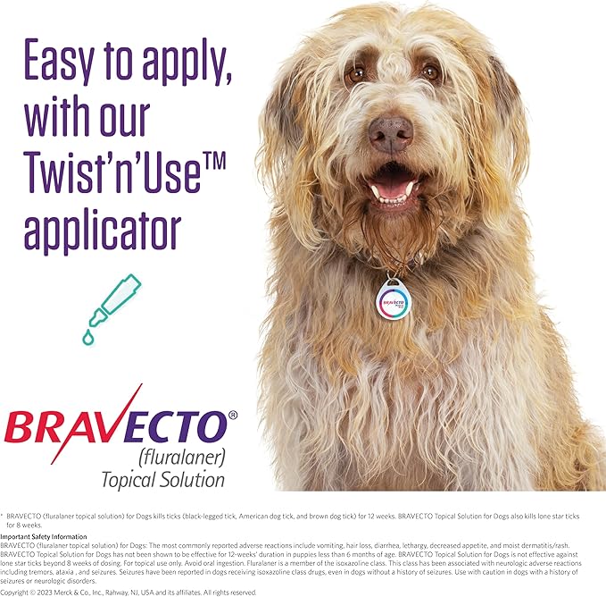 BRAVECTO Topical Solution for Dogs, Flea &amp; Tick, 12 Week Supply, >88-123 lbs., Pink Box