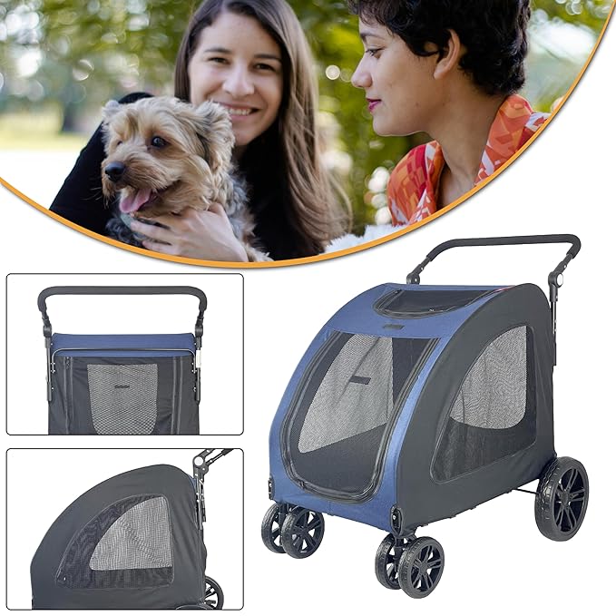 Extra Large Dog Stroller for Medium &amp; Large Pets - Foldable Design, Adjustable Handle, Up to 130 lbs(Blue)