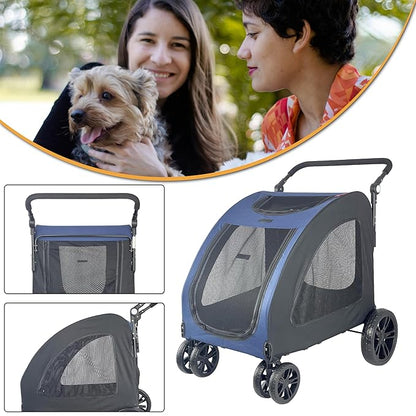 Extra Large Dog Stroller for Medium &amp; Large Pets - Foldable Design, Adjustable Handle, Up to 130 lbs(Blue)