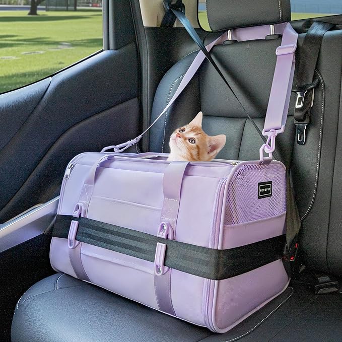 PETSFIT Soft-Sided Cat Carriers &amp; Car Seats with Patent Safe Buckles, Clip-On Harness, 18"x11"x11" Airline Approved Pet Carrier - 9 lbs Capacity (Purple)