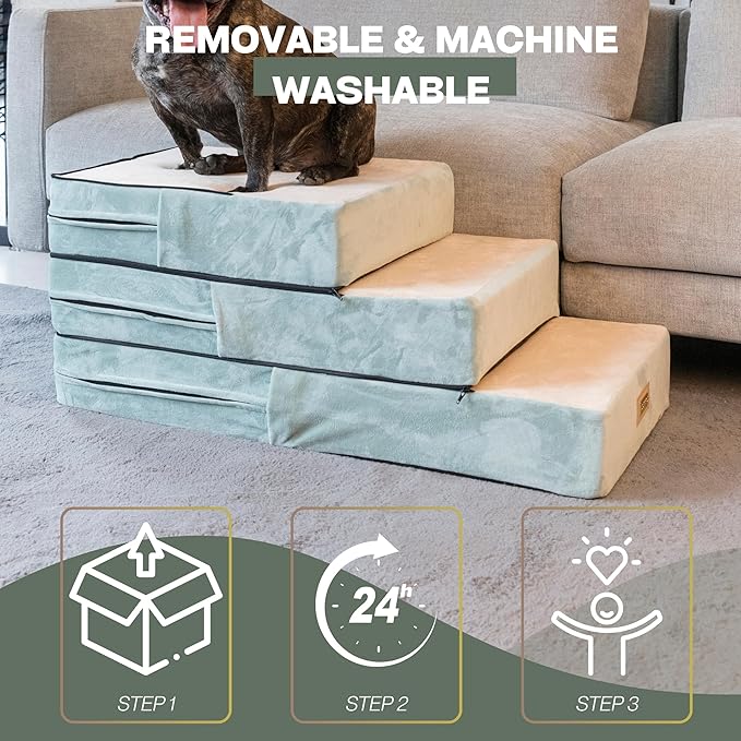 All-in-One Adjustable Dog Stairs – 5-Step Premium Pet Ramp for Small to Large Dogs – Sturdy, Non-Slip &amp; Versatile for Beds, Sofas &amp; More - Soft Cover, Modern Design (Green)