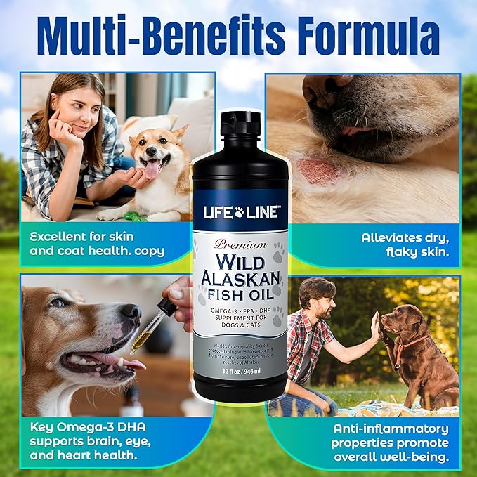 Life Line Pet Nutrition Wild Alaskan Fish Oil for Dogs and Cats 32oz – Omega 3 Fish Oil Supplement for Skin &amp; Coat – Supports Brain, Eye &amp; Heart Health in Dogs &amp; Cats