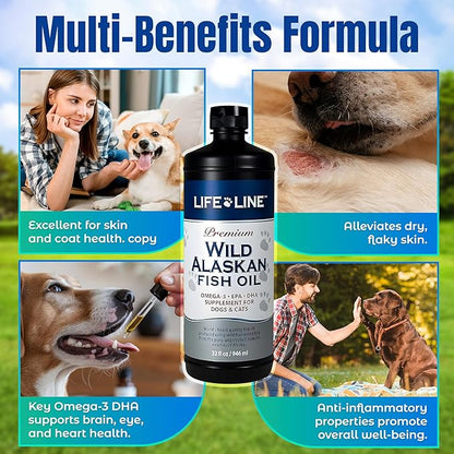 Life Line Pet Nutrition Wild Alaskan Fish Oil for Dogs and Cats 32oz – Omega 3 Fish Oil Supplement for Skin &amp; Coat – Supports Brain, Eye &amp; Heart Health in Dogs &amp; Cats