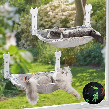 2 Pack Cat Window Perch, Glow in The Dark Foldable Cat Hammock with Sunken Design &amp; Removable Soft Cover, Breathable Cordless Window Bed for Resting Indoor Kitten (Shallow Perch, 2 Pack - L)