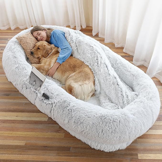 Human Dog Bed - 71"x45"x12" Fits You &amp; Pets, Washable Faux Fur, Orthopedic, Plump Pillow, Blanket, Strap - Grey