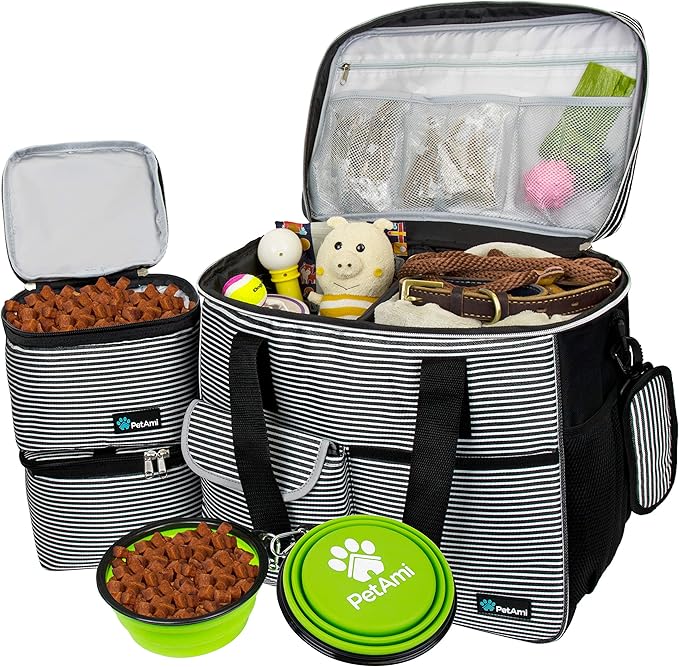 PetAmi Dog Travel Bag - Organizer with Food Container, Bowls &amp; Accessories for Weekend Camping, Cat Diaper Bag (Stripe Black, Large)