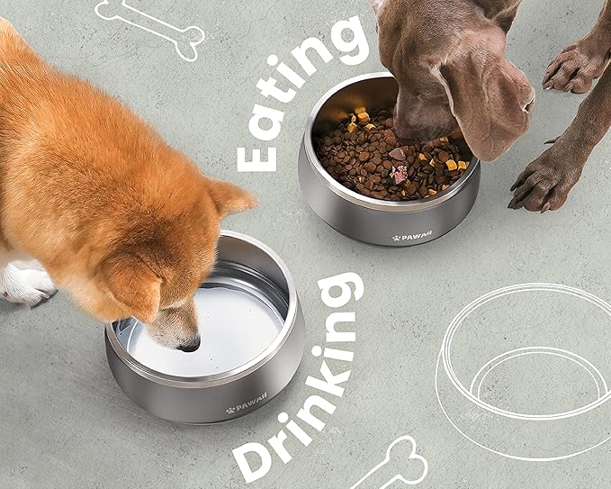 Pawaii Stainless Steel Dog Bowl with Non-Slip Rubber Base &amp; Double Wall Insulation - Durable Design | Includes ID Tag | Dishwasher Safe Food &amp; Water Bowl for All Dogs (34oz)