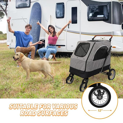 4 Wheel Pet Stroller with Storage Basket - Foldable &amp; Breathable with Mesh Skylight, Large Dog Stroller with Adjustable Handle - Ideal for Travel and Walking with Medium to Large Dogs, Up to 120 lbs