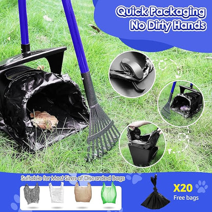 SlowTon Dog Pooper Scooper - 37.4" Long Handle Adjustable Metal Swivel Bin &amp; Rake &amp; Spade Kit with 20 Waste Bags, Portable Pooper Scooper for Gravel Lawn Grass, Suit for Small Medium Large Dog