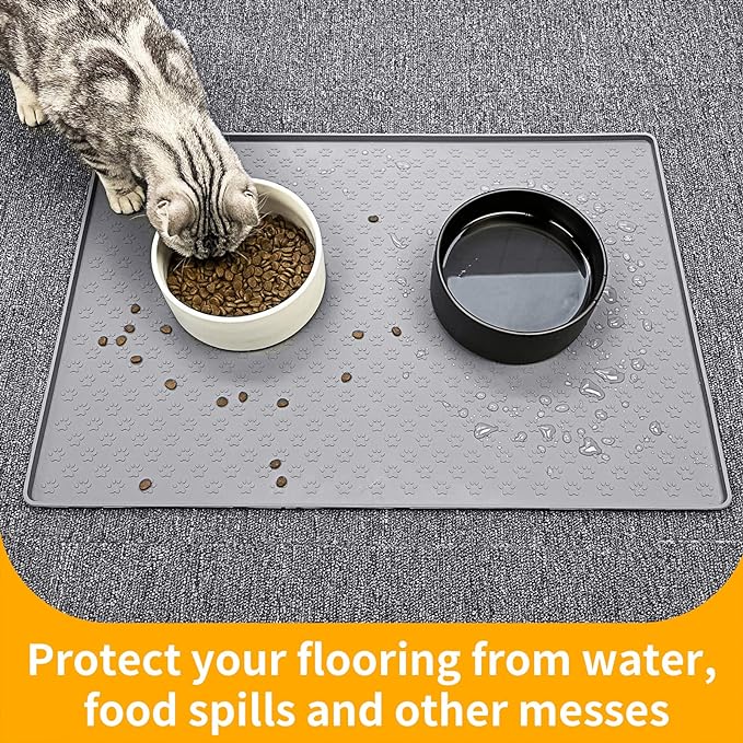 Ptlom Pet Placemat for Dog and Cat, Mat for Prevent Food and Water Overflow, Suitable for Small, Medium and Big Pet, 18" 12", Grey, Silicone