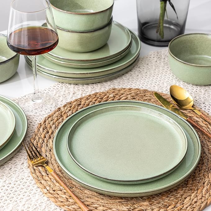 GBHOME Ceramic Dinnerware Sets for 8, 24 Pieces Stoneware Plates and Bowls Sets, Scratch Resistant Dishes, Dishwasher &amp; Microwave Safe-Pastel Green