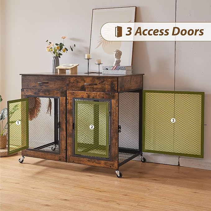 43" Large Dog Crate Furniture, Wood Dog Kennel End Table with Drawers, Decorative Pet Crate with Removable Partitions &amp; Wheels, Dog House Indoor for Large/Medium/Small Dogs