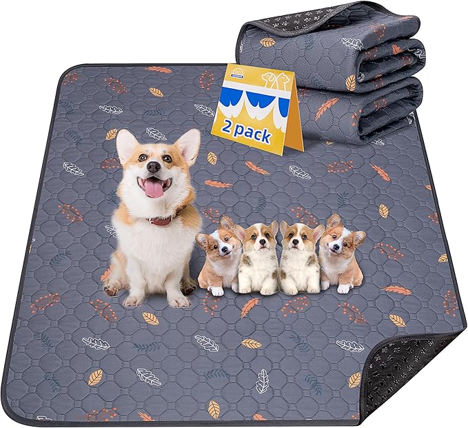 Sunheir Washable Pee Pads for Dogs 2-Pack Reusable Puppy Pads Pet Training Pads, Waterproof Dog Pee Pads for Crate, Whelping Pad, Non-Slip Protects Against Urine Leakage (Leaves - Deep Grey, 24x36)