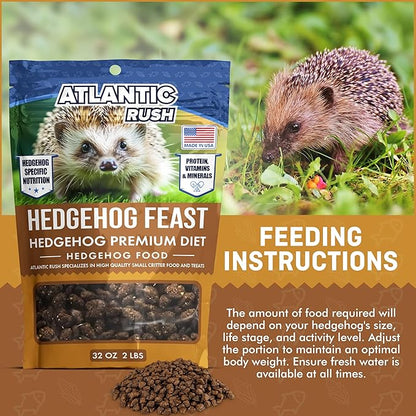 Atlantic Rush Hedgehog Feast Premium Food - 2lb Resealable Bag of Hedge Hog Delite- Small Critter Supplies Hedge Hog Food - Hedgehog Treats- Sourced &amp; Made in The USA