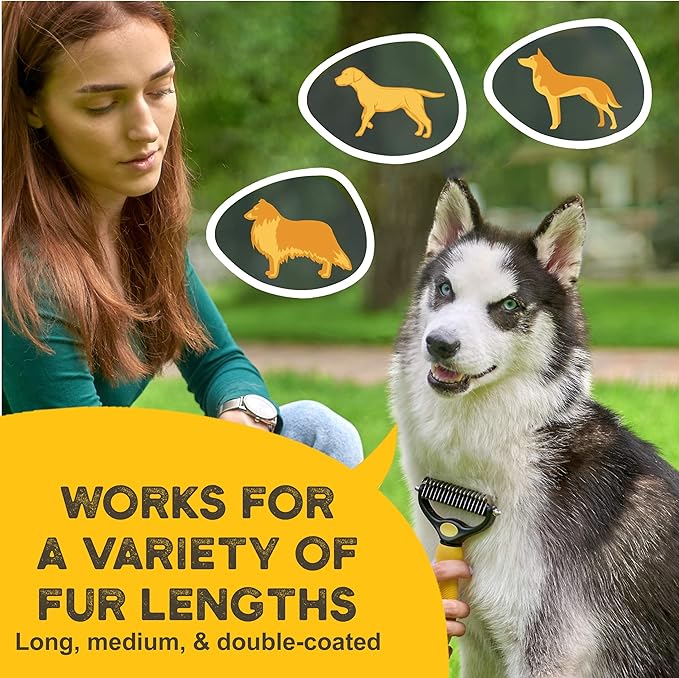 Deshedding Dog Brush - Double-Sided Pet Hair Remover for Cats &amp; Dogs - Yellow Undercoat Grooming Rake for Shedding and Dematting
