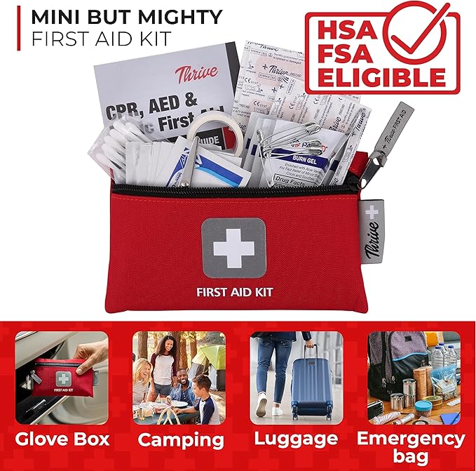 Thrive Mini Emergency Kit &amp; First Aid Pouch - College Dorm Sick Kit - 66 Piece Set - Waterproof Rip-Stop Nylon Pouch with Multi-Size Bandages, Wipes &amp; Safety Pins