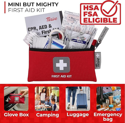 Thrive Mini Emergency Kit &amp; First Aid Pouch - College Dorm Sick Kit - 66 Piece Set - Waterproof Rip-Stop Nylon Pouch with Multi-Size Bandages, Wipes &amp; Safety Pins