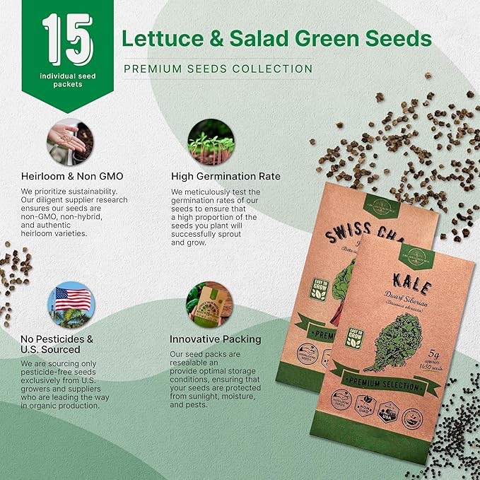 Organo Republic 15 Lettuce &amp; Salad Greens Seeds Variety Pack 17700+ Non-GMO Heirloom Lettuce Seeds for Indoors &amp; Outdoors Garden, Hydroponics, Aerogarden - Arugula, Kale, Spinach, Swiss Chard, Lettuce