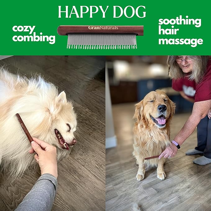 GranNaturals Wooden &amp; Metal Pet Comb for Detangling Hair, Grooming Fur, Dematting for Large and Small Dogs, Long &amp; Short Haired Cats