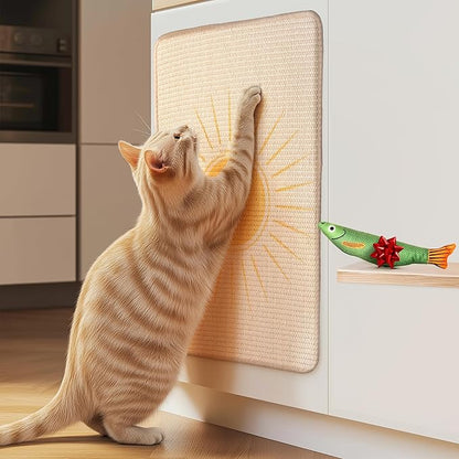 Sisal Scratcher, [+ Catnip Fish Toy], Cat Wall Scratcher, Couch Protector from Cat Scratching, Scratching Mat- 24 X 15.8 with 12 Adhesive Stripes. (The Sun)