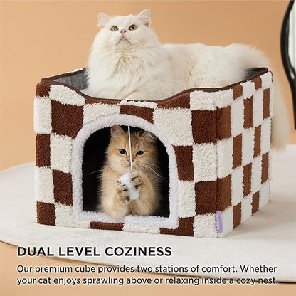 Lesure Indoor Cat Beds Kitten House - Large Cat Cave for Pet Cube with Fluffy Ball Hanging, Foldable Small Animal Hideaway, 16.5x16.5x13 inches, Brown Checks