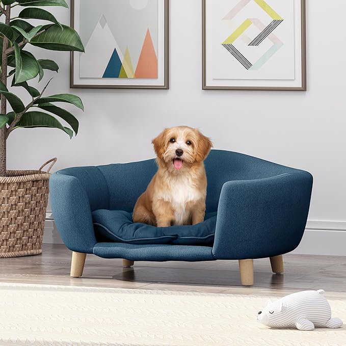 Christopher Knight Home Elroy Orthopedic Dog Bed, Elevated Dog Sofa Bed for Small Dog, Supportive Foam Pet Couch Bed with Wooden Legs, Modern Pet Sofa Bed, Navy Blue