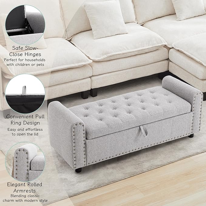 Ottoman with Storage, Tufted Storage Bench for Bedroom, 48" Fabrics End of Bed Bench, Upholstered Entryway Shoe Benches with Rolled Arm &amp; Inner Zipper, Window Ottomans Chest with Rivets, Light Grey