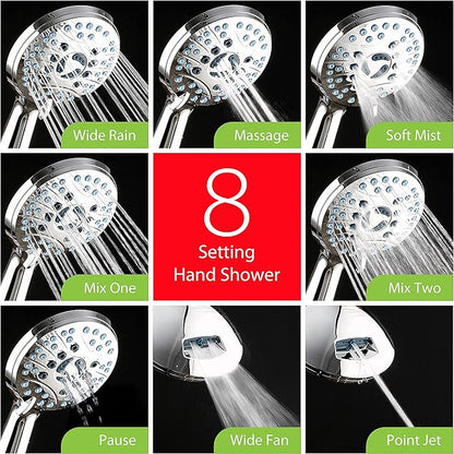 Hotel Spa AquaCare As-Seen-On-TV High Pressure Handheld/Rain 50-mode 3-way Shower Head Combo with Adjustable Arm - Anti-clog Nozzles, Tub &amp; Pet Power Wash, 6 ft. Hose, All Chrome Finish