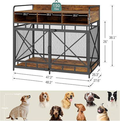 Dog Crate Furniture, 48" Heavy Duty Wooden Dog Crate End Table, XL Dog Kennel Furniture Large Breed, Decorative Dog Kennel Indoor with 3 Drawers &amp; Steel Tubes 48" L x28 W x38 H (Rustic Brown)
