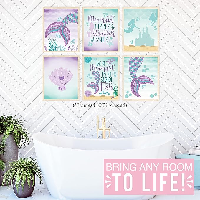 Hadley Designs 6 Mermaid Wall Decor – Reversible Magical Mermaid Wall Art for Nursery &amp; Bathroom, Under the Sea Unframed Ocean-Themed Room Decor Prints for Girls&