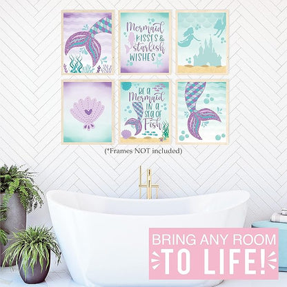 Hadley Designs 6 Mermaid Wall Decor – Reversible Magical Mermaid Wall Art for Nursery &amp; Bathroom, Under the Sea Unframed Ocean-Themed Room Decor Prints for Girls&