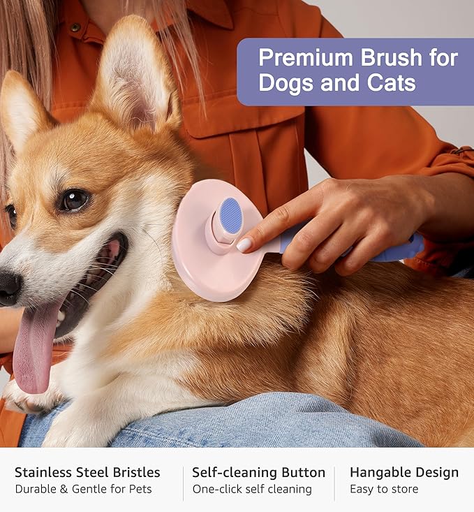 Pet Self-Cleaning Slicker Brush for Dogs &amp; Cats, Deshedding Grooming Comb, Removes Loose Undercoat Hair &amp; Mats, Skin-Friendly Massaging Tool for Long/Short Fur, Large &amp; Small Breeds (Purple)