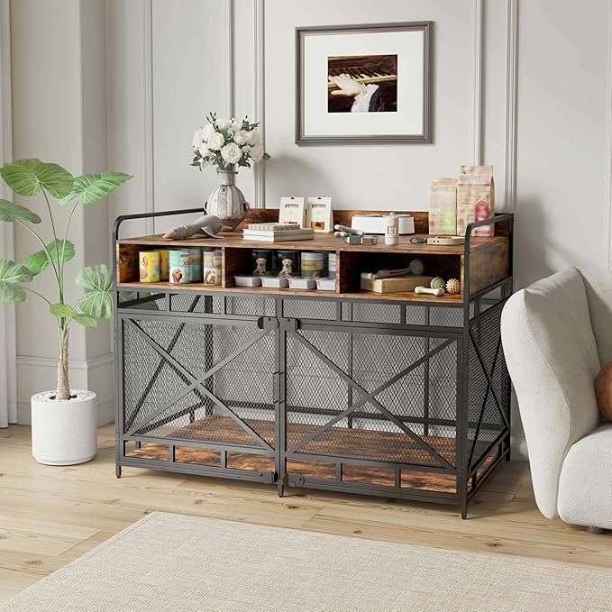 Dog Crate Furniture, 48" Heavy Duty Wooden Dog Crate End Table, XL Dog Kennel Furniture Large Breed, Decorative Dog Kenne Indoor with 3 Drawers &amp; Steel Tubes 48" L x28 W x36 H (Rustic Brown)